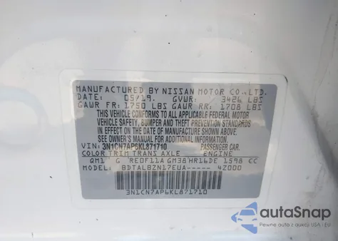2019 Nissan Versa 1.6 Sv z USA, uszkodzony, nr VIN 3N1CN7AP6KL871710